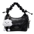 Black crescent ruched handbag with white plush cloud charm and silver chain - Black + Cloud Pendant