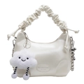 Creamy white pleated handbag with scrunchie handle and plush cloud charm accessory - Off-White + Cloud Pendant