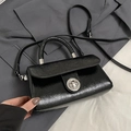 Glossy black PU leather small square crossbody bag with silver round twist lock detail - Black - Without Pendant