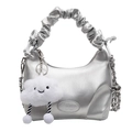 Silver metallic hobo bag with pleated handle and white cloud plush charm detail - Silver With Cloud Pendant
