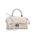 Elegant beige patent leather small square handbag with pearl chain and lace bow - White + Lace Pearl Bow