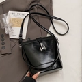 Minimalist black patent leather bucket bag with silver buckle for summer casual commute - Black (Without Charm)