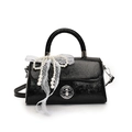 Elegant black glossy faux leather small square handbag with lace bow and pearl chain - Black + Lace Pearl Bow