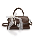 Brown patent leather mini tote bag with elegant white lace bow and pearl chain details - Brown + Lace Pearl Bow