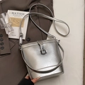 Chic silver bucket bag with metallic crinkle texture and turn-lock closure detail - Silver (No Pendant)