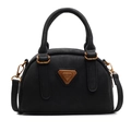 Minimalistische zwarte Boston tas van leer met vintage bronzen driehoekig logo plaatje - Zwart