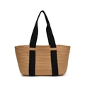 Bolso tote de paja tejido a mano con asas de lona negra y una forma de barco - Bolso Caqui