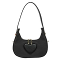 Minimalist black crescent shoulder bag with heart patch and golden sphere chain detail - Black