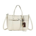 White lychee texture bucket bag with top handles and chain charm for casual commuters - Off White