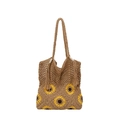 Borsa tote intrecciata a mano in crochet kaki con motivi a girasole e nappine decorative - Cachi