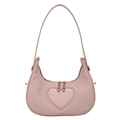 Pink heart crescent shoulder bag with woven texture and metallic chain detail - Pink