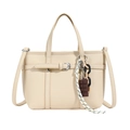 Beige lychee textured bucket bag with woven charm and acrylic chain detail - Warm Apricot