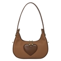 Brown crescent shoulder bag with heart patch and gold chain in a retro minimalist style - Brown