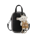 Black lychee pattern crossbody phone bag with contrast white trim and plush bear charm - No Pendant / Black