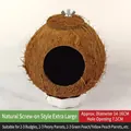 Natural coconut shell bird nest for small parrots with metal fixing screw and floral base - Extra Large Natural Screw Mount