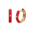Golden huggie hoop earrings with red enamel finish and sparkling round zircon stone - Gold-Red (A31)