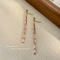 Elegant gold earrings featuring long tassels and pale pink rectangular cut crystals - Pink