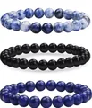 Dreiteiliges Stretch-Armband-Set mit blauen, schwarzen Onyx- und Sodalith-Natursteinen - Weiß Gefleckte Orchidee + Glanzstein + Lapislazuli