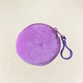 Round purple plush mini coin purse with matching purple plastic hook for bag decoration - 8.5cm / Fuschia