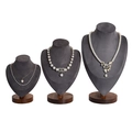 Premium walnut wood and grey velvet necklace display busts in three different heights - Gray Velvet Set (large Medium And Small)