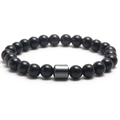 Polished black gemstone beaded bracelet featuring a dark grey cylindrical metal spacer bead - Glossy Black