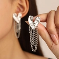 Chic silver heart stud earrings with triple chain tassels and a sleek metallic finish - Heart Tassel Style (F41) / 60 White K