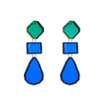 Detail of geometric resin earrings featuring green and blue stones in gold metal frames - Royal Blue