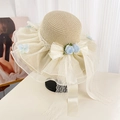 Elegant beige straw beach hat with white organza lace brim and blue floral detail - D-653 Beige Lace Straw Hat / M (56-58cm)