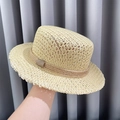 Straw beach hat with brown rope band and leather buckle detail for a resort look - D-630 Beige Openwork Straw Hat / M (56-58cm)