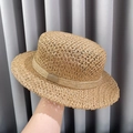 Handcrafted straw sun hat in natural beige with woven hemp rope decorative band for summer - D-630 Khaki Perforated Straw Hat / M (56-58cm)