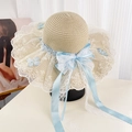 Beige straw beach hat with blue silk ribbon bow and lace floral summer decoration - Beige Blue Bow