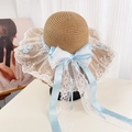 Straw sun hat with white lace embroidery, blue ribbon bow, and pearl floral accents - Khaki Blue Bow