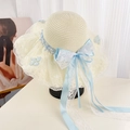 Lolita style straw sun hat with light blue lace bow and pearl floral details - Off-white Blue Bow