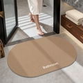 Oval non-slip brown bathroom mat with woven texture and white Bathroom lettering - Plain (oval) - Rice Brown