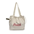 Beige tote bag with red Beach letter print and adjustable drawstring closure - Light Gray