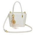 Minimalist pearl white PU bucket bag with gold tennis racket charm and shoulder strap - Off-White With Gold Abacus Racket Knot
