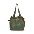 Casual olive green tote bag with mint Beach print and pink drawstring closure detail - Army Green