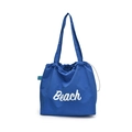 Blue nylon drawstring tote bag with white Beach lettering for casual travel use - Blue