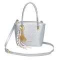 Silver metallic PU bucket bag with pleated texture and adjustable shoulder strap - Silver With Gold Abacus Racket Knot