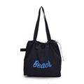 Japanese style black canvas tote bag with blue Beach print and drawstring closure - Navy Blue