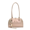 Pink Boston shoulder bag with dual zippers and a cute cartoon pendant for women - Pink + Pendant
