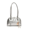 Metallic silver Boston shoulder bag with Y2K style doll charm and dual zipper design - Silver + Pendant