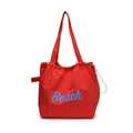 Lightweight red nylon tote bag with blue Beach print and adjustable drawstring closure - Red