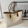 Minimalist beige tote bag with caramel trim and long straps for everyday shoulder use - Off-white - No Pendant