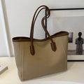 Minimalist khaki and brown contrast color faux leather tote bag with large capacity - Khaki - Without Pendant