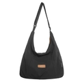 Minimalistische große schwarze Nylon Hobo-Tasche mit Gurt und Leder-Logo-Patch - Schwarz