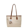 Off-white tote bag with brown trim and cute fuzzy monster charm for women - Off-White With Plush Monster Charm