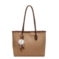Chic light brown contrast tote bag with dark trim and cute white plush ball charm - Khaki With Plush Monster Charm