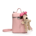 Pink lychee grain mini crossbody bag with a cute plush puppy pendant and a top handle - Pink Bow Pearl Dog Charm / Pink