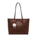 Minimalist dark brown leather tote bag with a white fluffy monster charm accessory - Brown With Plush Monster Charm